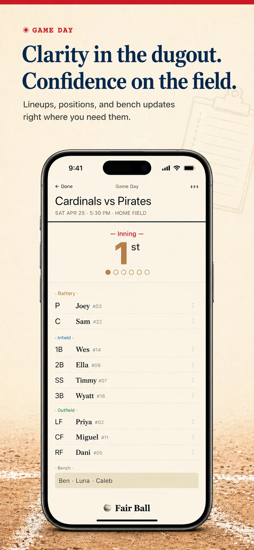 Fair Ball Game Day screen: large 1st-inning header for Cardinals vs Pirates, full battery and field positions, and the bench listed at the bottom.