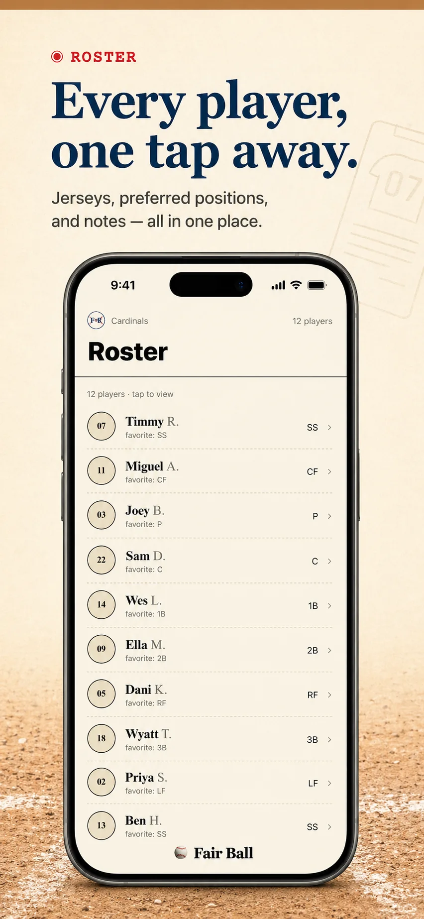 Fair Ball Roster screen: a 12-player Cardinals roster with jerseys, preferred positions, and tap-to-edit rows.